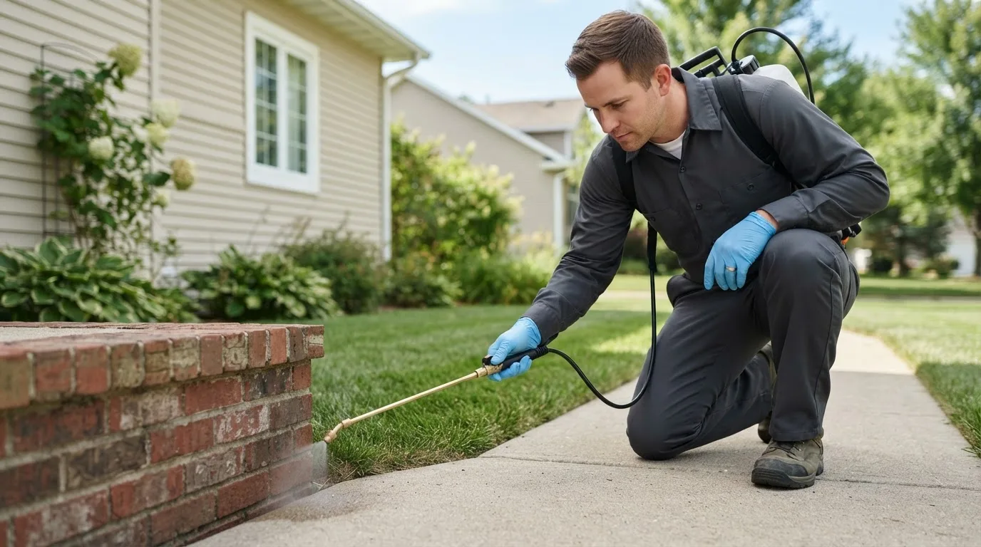 Pest control technician treating a home near Bentonville, VA